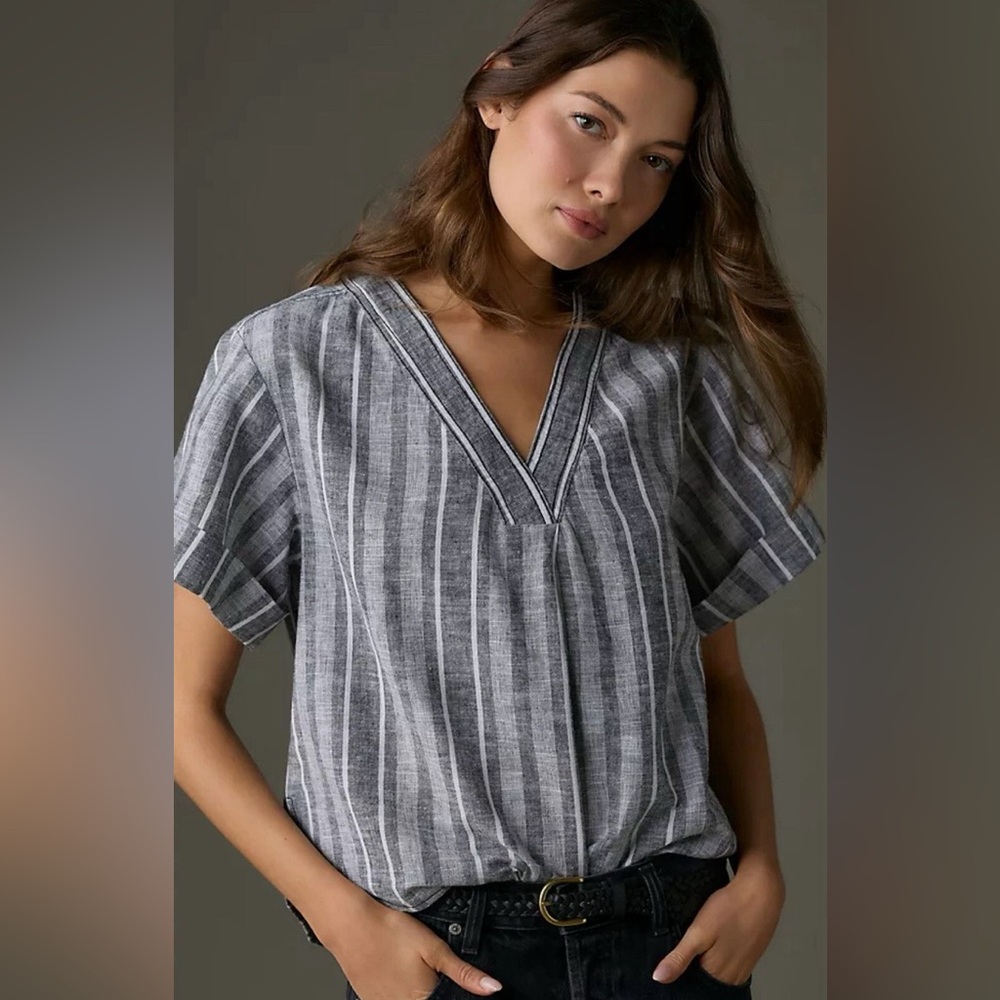 Anthropologie Pilcro Linen Henley Surf Shirt Blue Stripe V-Neck Top M - Picture 2 of 8